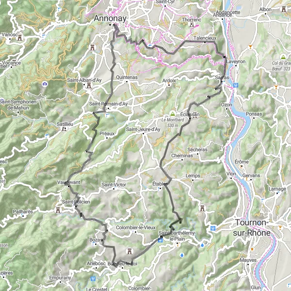Map miniature of "Scenic Road Tour" cycling inspiration in Rhône-Alpes, France. Generated by Tarmacs.app cycling route planner