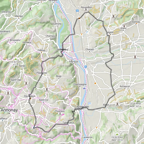 Map miniature of "Vernosc-lès-Annonay - Albon Loop" cycling inspiration in Rhône-Alpes, France. Generated by Tarmacs.app cycling route planner
