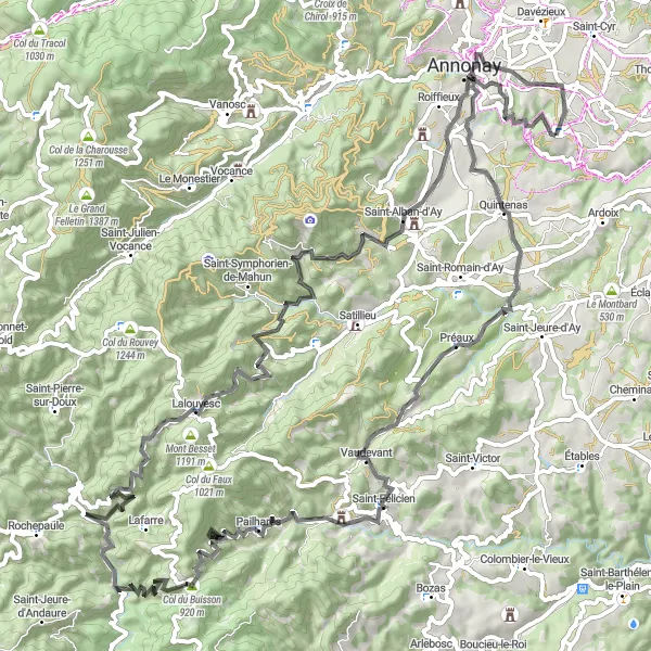 Map miniature of "Vernosc-lès-Annonay - Col du Tracoulet Road Challenge" cycling inspiration in Rhône-Alpes, France. Generated by Tarmacs.app cycling route planner