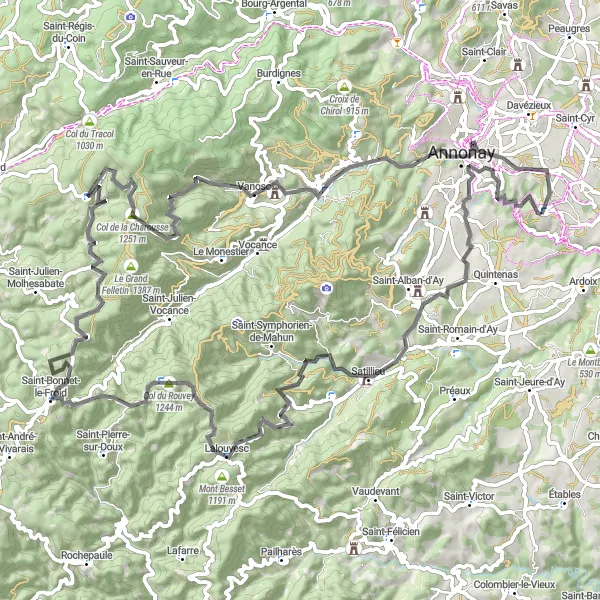 Map miniature of "Vernosc-lès-Annonay - Col du Rouvey Loop" cycling inspiration in Rhône-Alpes, France. Generated by Tarmacs.app cycling route planner