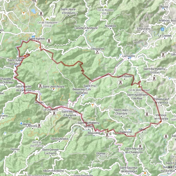 Zemljevid v pomanjšavi "Gorska avantura od Vernoux-en-Vivarais do Château de Maisonseule" kolesarske inspiracije v Rhône-Alpes, France. Generirano z načrtovalcem kolesarskih poti Tarmacs.app