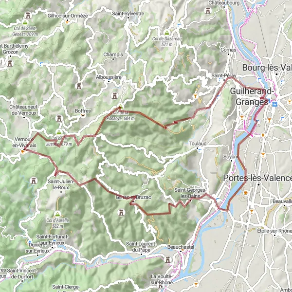 Miniatua del mapa de inspiración ciclista "Ruta de Grava Vernoux-en-Vivarais" en Rhône-Alpes, France. Generado por Tarmacs.app planificador de rutas ciclistas
