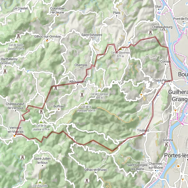 Miniaturní mapa "Gravel road to Vernoux-en-Vivarais" inspirace pro cyklisty v oblasti Rhône-Alpes, France. Vytvořeno pomocí plánovače tras Tarmacs.app