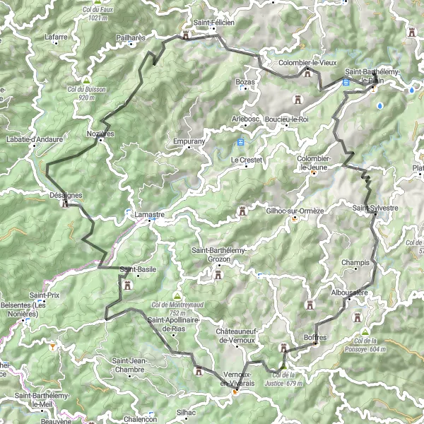 Miniatua del mapa de inspiración ciclista "Ruta de ciclismo de carretera cerca de Vernoux-en-Vivarais" en Rhône-Alpes, France. Generado por Tarmacs.app planificador de rutas ciclistas