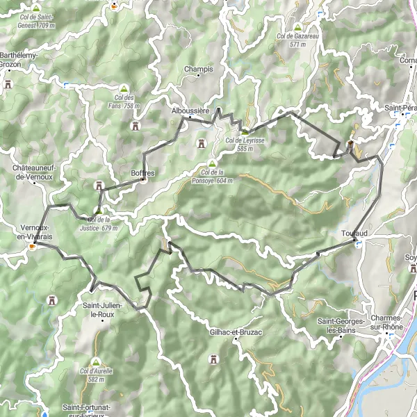 Miniatua del mapa de inspiración ciclista "Ruta de ciclismo de carretera Vernoux-en-Vivarais" en Rhône-Alpes, France. Generado por Tarmacs.app planificador de rutas ciclistas