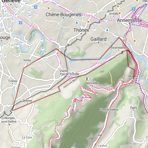 Miniaturní mapa "Gravelový okruh kolem Vétraz-Monthoux" inspirace pro cyklisty v oblasti Rhône-Alpes, France. Vytvořeno pomocí plánovače tras Tarmacs.app