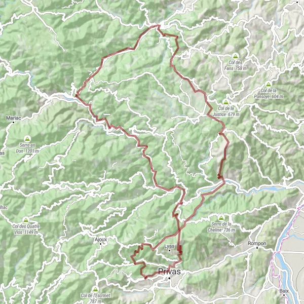 Map miniature of "Les Ollières-sur-Eyrieux and Col des Nonières Loop" cycling inspiration in Rhône-Alpes, France. Generated by Tarmacs.app cycling route planner