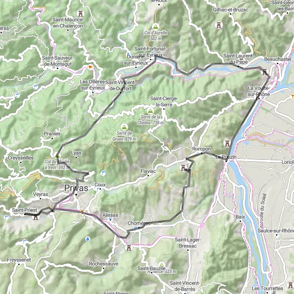 Map miniature of "Privas and Saint-Priest Loop" cycling inspiration in Rhône-Alpes, France. Generated by Tarmacs.app cycling route planner