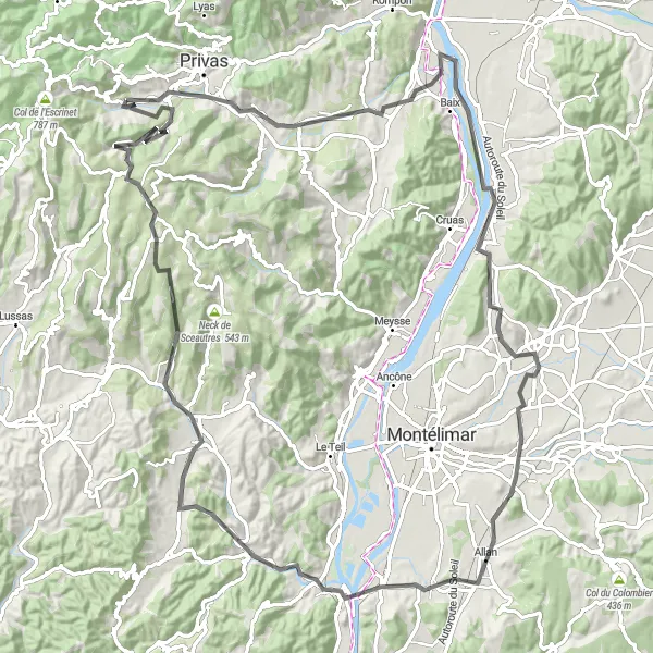 Map miniature of "Chomérac and Alba-la-Romaine Loop" cycling inspiration in Rhône-Alpes, France. Generated by Tarmacs.app cycling route planner