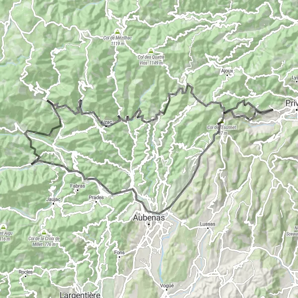 Map miniature of "Vals-les-Bains and Col de l'Escrinet Loop" cycling inspiration in Rhône-Alpes, France. Generated by Tarmacs.app cycling route planner
