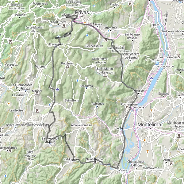 Kartminiatyr av "Alissas til Veyras Ouest" sykkelinspirasjon i Rhône-Alpes, France. Generert av Tarmacs.app sykkelrutoplanlegger