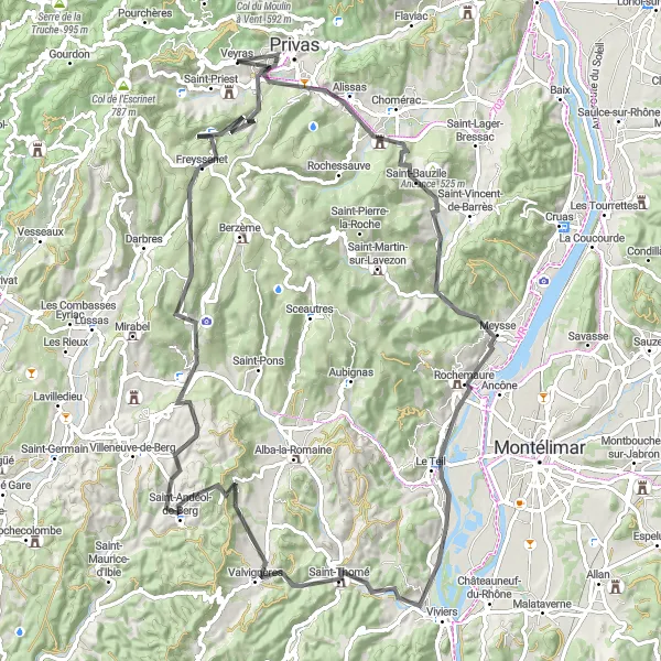 Miniatuurkaart van de fietsinspiratie "Ontdek de verborgen schatten van de Ardèche" in Rhône-Alpes, France. Gemaakt door de Tarmacs.app fietsrouteplanner