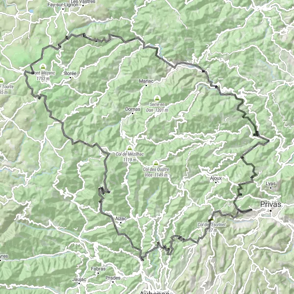Map miniature of "The Epic Road to L' Escrinet" cycling inspiration in Rhône-Alpes, France. Generated by Tarmacs.app cycling route planner