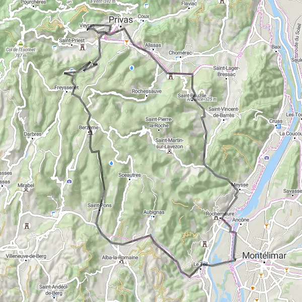 Map miniature of "Exploring the Scenic Routes of Rhône-Alpes" cycling inspiration in Rhône-Alpes, France. Generated by Tarmacs.app cycling route planner