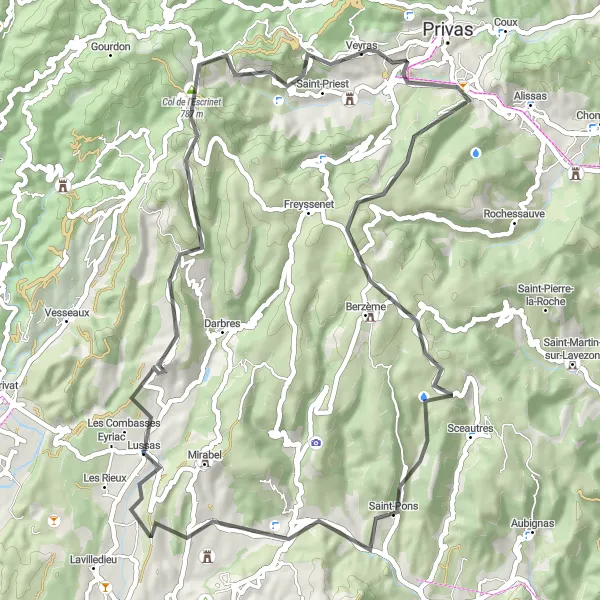 Map miniature of "Coiron Challenge: A Road Cycling Adventure" cycling inspiration in Rhône-Alpes, France. Generated by Tarmacs.app cycling route planner