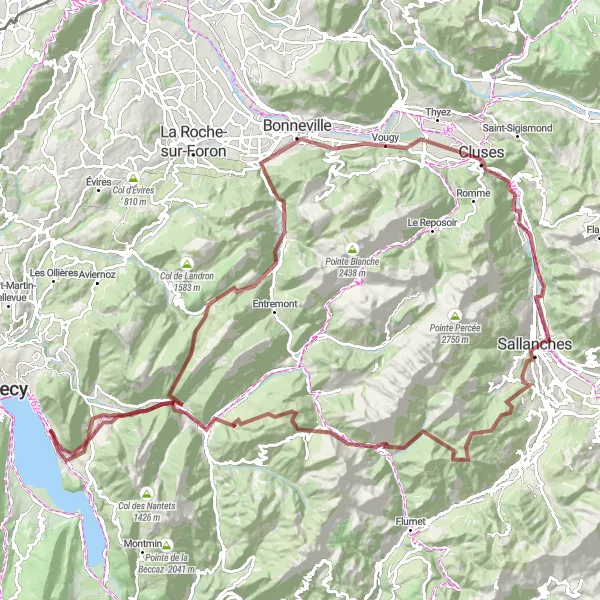 Kartminiatyr av "Gruset eventyr gjennom Alpene" sykkelinspirasjon i Rhône-Alpes, France. Generert av Tarmacs.app sykkelrutoplanlegger