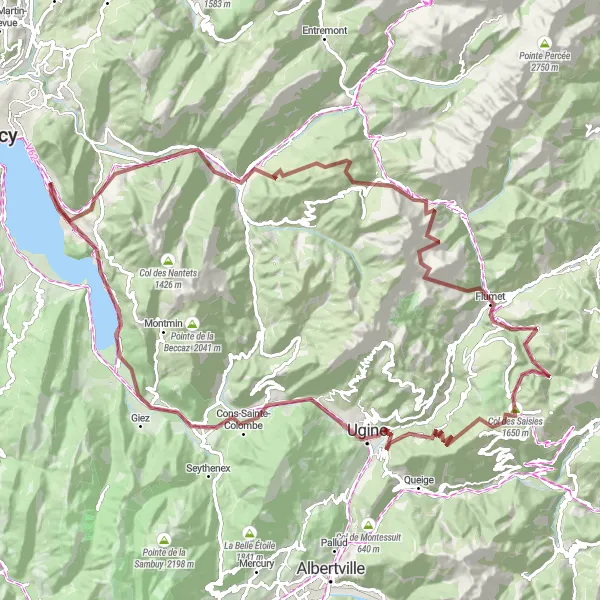 Karttaminiaatyyri "Gravel-seikkailu Alppien juurella" pyöräilyinspiraatiosta alueella Rhône-Alpes, France. Luotu Tarmacs.app pyöräilyreittisuunnittelijalla