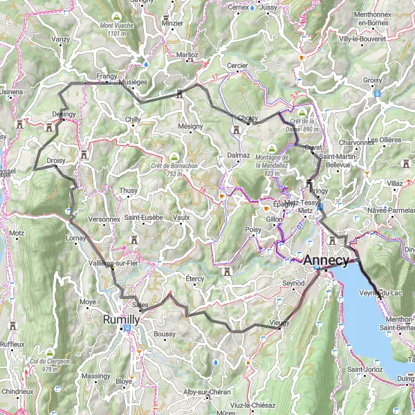 Kartminiatyr av "Veyrier-du-Lac til Frangy Road Cycling Route" sykkelinspirasjon i Rhône-Alpes, France. Generert av Tarmacs.app sykkelrutoplanlegger