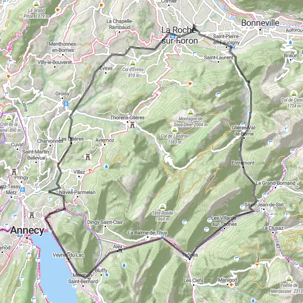 Miniaturní mapa "Picturesque cycling loop around Veyrier-du-Lac" inspirace pro cyklisty v oblasti Rhône-Alpes, France. Vytvořeno pomocí plánovače tras Tarmacs.app