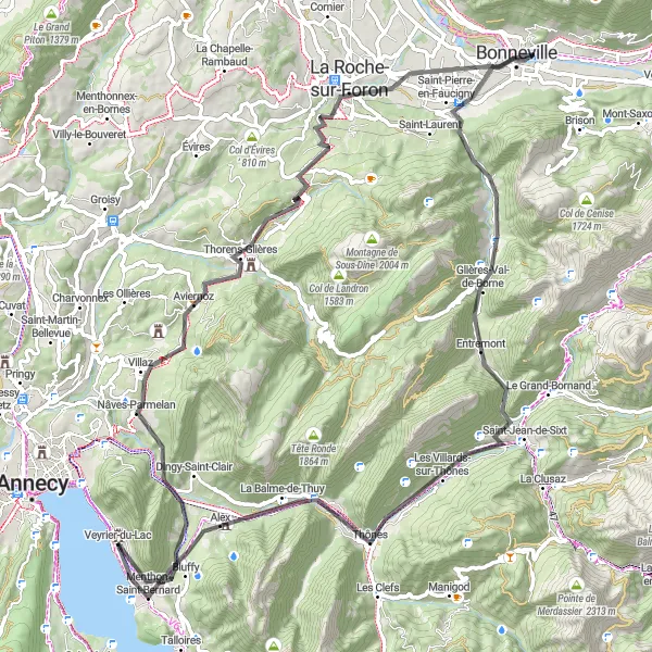 Karttaminiaatyyri "Haastava kierros Veyrier-du-Lacista" pyöräilyinspiraatiosta alueella Rhône-Alpes, France. Luotu Tarmacs.app pyöräilyreittisuunnittelijalla