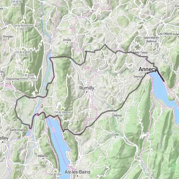 Mapa miniatúra "Jazda po malebných dedinkách na cestnom bicykli" cyklistická inšpirácia v Rhône-Alpes, France. Vygenerované cyklistickým plánovačom trás Tarmacs.app