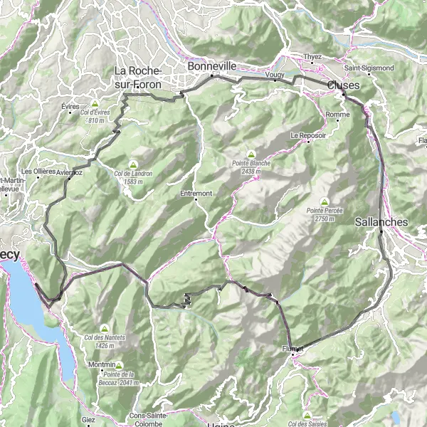 Mapa miniatúra "Trasa s panoramatickými výhľadmi na cestnom bicykli" cyklistická inšpirácia v Rhône-Alpes, France. Vygenerované cyklistickým plánovačom trás Tarmacs.app