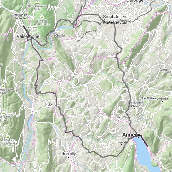 Miniature de la carte de l'inspiration cycliste "Circuit des Alpes Savoyardes" dans la Rhône-Alpes, France. Générée par le planificateur d'itinéraire cycliste Tarmacs.app