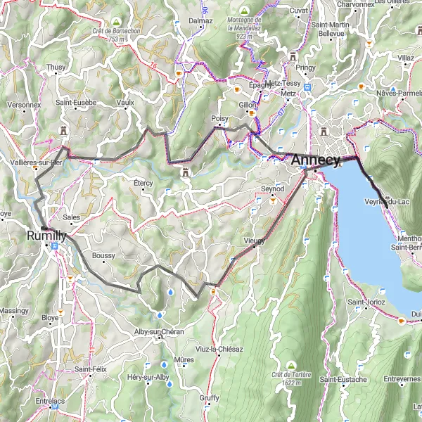 Mapa miniatúra "Cesta okolo Annecy" cyklistická inšpirácia v Rhône-Alpes, France. Vygenerované cyklistickým plánovačom trás Tarmacs.app