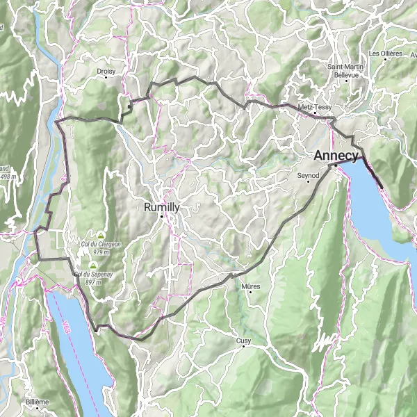 Miniatura della mappa di ispirazione al ciclismo "Tour panoramico intorno a Veyrier-du-Lac" nella regione di Rhône-Alpes, France. Generata da Tarmacs.app, pianificatore di rotte ciclistiche