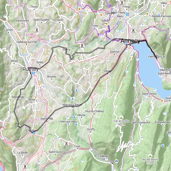 Miniatua del mapa de inspiración ciclista "Ruta escénica de ciclismo de carretera hacia Rumilly" en Rhône-Alpes, France. Generado por Tarmacs.app planificador de rutas ciclistas