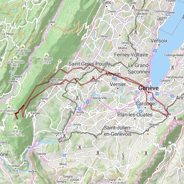 Miniaturní mapa "Challenging Gravel Route to Carouge" inspirace pro cyklisty v oblasti Rhône-Alpes, France. Vytvořeno pomocí plánovače tras Tarmacs.app
