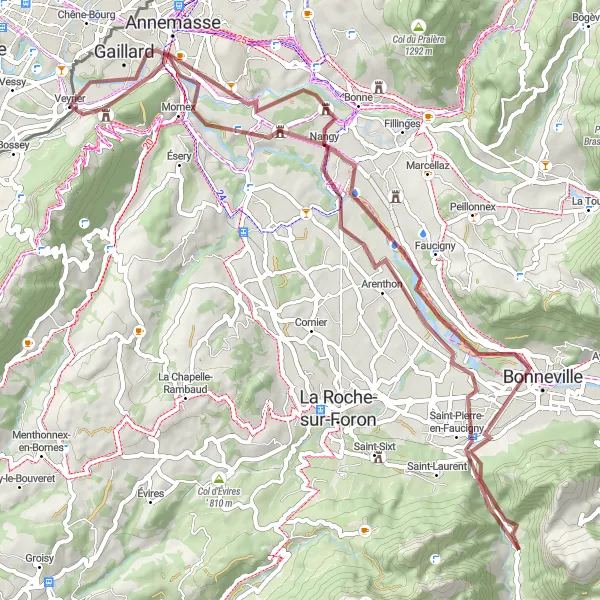 Kartminiatyr av "Grusvei tur til Annemasse" sykkelinspirasjon i Rhône-Alpes, France. Generert av Tarmacs.app sykkelrutoplanlegger