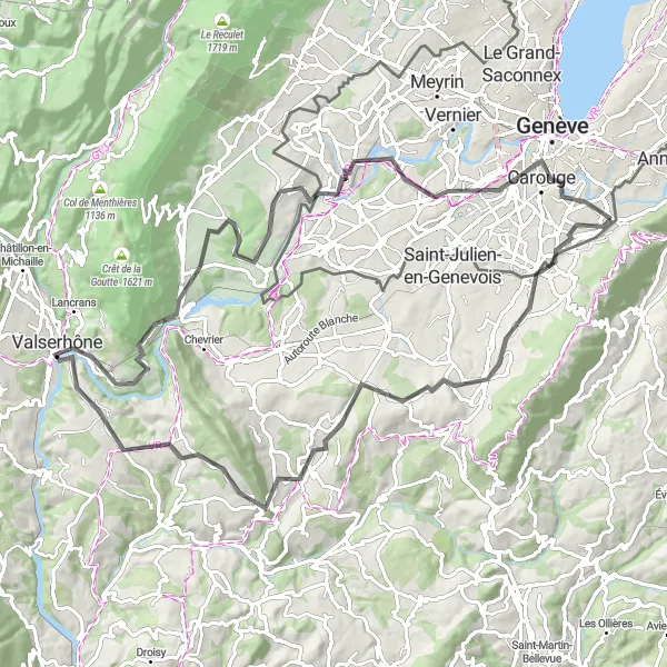 Miniatua del mapa de inspiración ciclista "Ruta de ciclismo de carretera Bossey-Challex" en Rhône-Alpes, France. Generado por Tarmacs.app planificador de rutas ciclistas