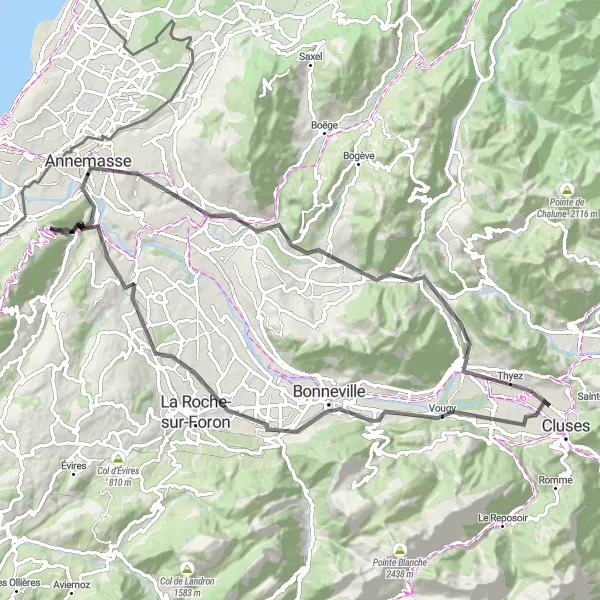 Miniature de la carte de l'inspiration cycliste "Circuit du Chablais" dans la Rhône-Alpes, France. Générée par le planificateur d'itinéraire cycliste Tarmacs.app