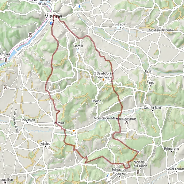 Miniature de la carte de l'inspiration cycliste "Aventure gravel autour de Vienne" dans la Rhône-Alpes, France. Générée par le planificateur d'itinéraire cycliste Tarmacs.app