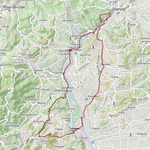 Miniature de la carte de l'inspiration cycliste "Circuit des Collines du Rhône" dans la Rhône-Alpes, France. Générée par le planificateur d'itinéraire cycliste Tarmacs.app