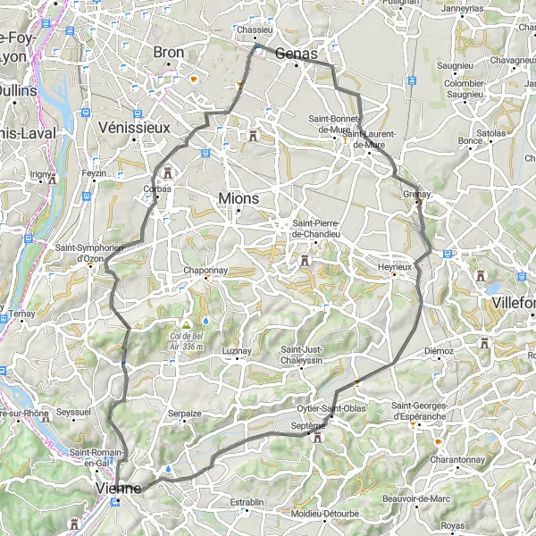 Miniature de la carte de l'inspiration cycliste "Escapade Champêtre" dans la Rhône-Alpes, France. Générée par le planificateur d'itinéraire cycliste Tarmacs.app