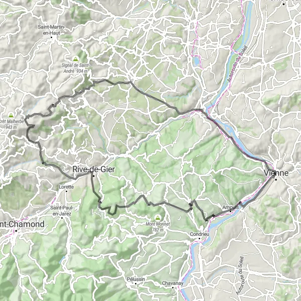 Miniature de la carte de l'inspiration cycliste "Tour de Sérénité en Montagne" dans la Rhône-Alpes, France. Générée par le planificateur d'itinéraire cycliste Tarmacs.app