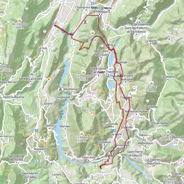 Miniaturní mapa "Gravelová trasa okolo Vifu" inspirace pro cyklisty v oblasti Rhône-Alpes, France. Vytvořeno pomocí plánovače tras Tarmacs.app