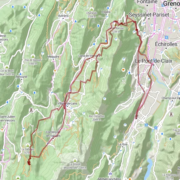 Miniature de la carte de l'inspiration cycliste "Aventure Gravel dans le Vercors" dans la Rhône-Alpes, France. Générée par le planificateur d'itinéraire cycliste Tarmacs.app