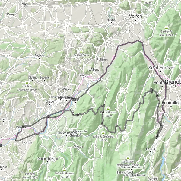 Miniature de la carte de l'inspiration cycliste "Le Défi des Cols du Vercors" dans la Rhône-Alpes, France. Générée par le planificateur d'itinéraire cycliste Tarmacs.app