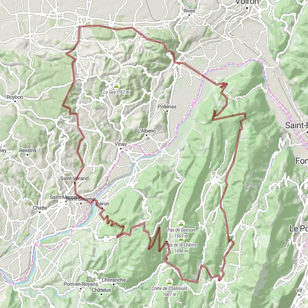 Mapa miniatúra "Gravel Route through Rhône-Alpes" cyklistická inšpirácia v Rhône-Alpes, France. Vygenerované cyklistickým plánovačom trás Tarmacs.app