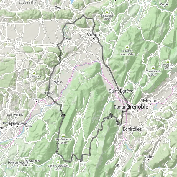 Zemljevid v pomanjšavi "Cestna tura od Villard-de-Lansa do Lans-en-Vercorsa" kolesarske inspiracije v Rhône-Alpes, France. Generirano z načrtovalcem kolesarskih poti Tarmacs.app