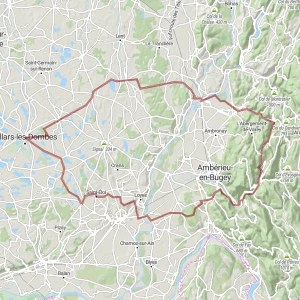 Miniature de la carte de l'inspiration cycliste "Aventure sur les chemins gravel de l'Ain" dans la Rhône-Alpes, France. Générée par le planificateur d'itinéraire cycliste Tarmacs.app