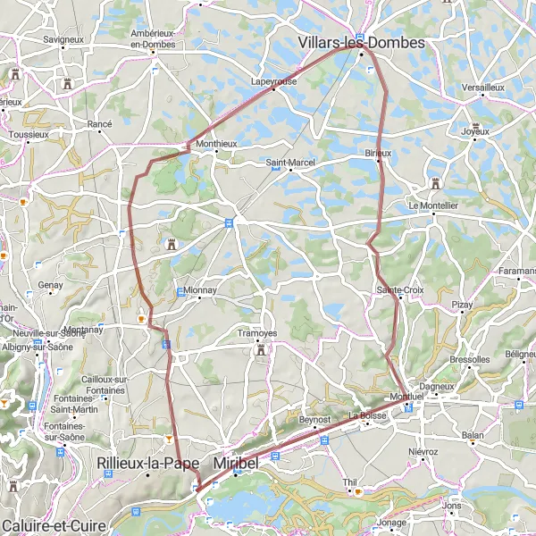 Mapa miniatúra "Gravelový okruh cez Neyron a Civrieux" cyklistická inšpirácia v Rhône-Alpes, France. Vygenerované cyklistickým plánovačom trás Tarmacs.app