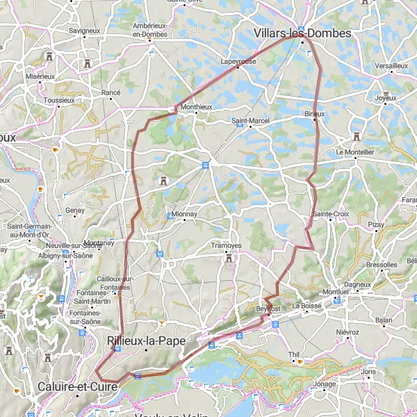 Map miniature of "Birieux Gravel Loop" cycling inspiration in Rhône-Alpes, France. Generated by Tarmacs.app cycling route planner