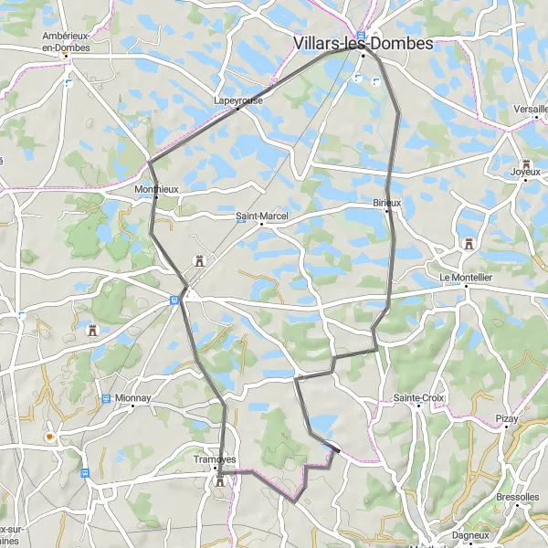 Zemljevid v pomanjšavi "Kolesarska pot okoli Villars-les-Dombes" kolesarske inspiracije v Rhône-Alpes, France. Generirano z načrtovalcem kolesarskih poti Tarmacs.app