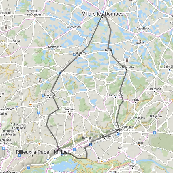 Map miniature of "Birieux to Miribel" cycling inspiration in Rhône-Alpes, France. Generated by Tarmacs.app cycling route planner