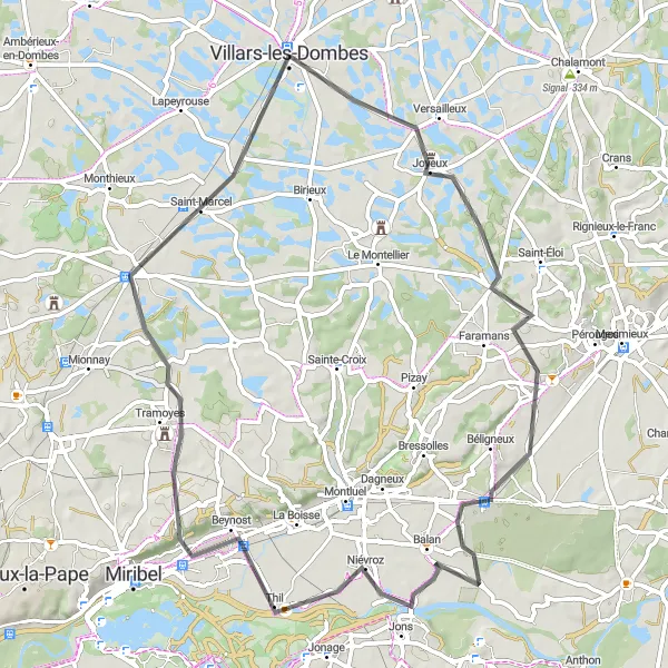 Zemljevid v pomanjšavi "Kolesarska pot med Villars-les-Dombes in Volière de contact, roussettes" kolesarske inspiracije v Rhône-Alpes, France. Generirano z načrtovalcem kolesarskih poti Tarmacs.app