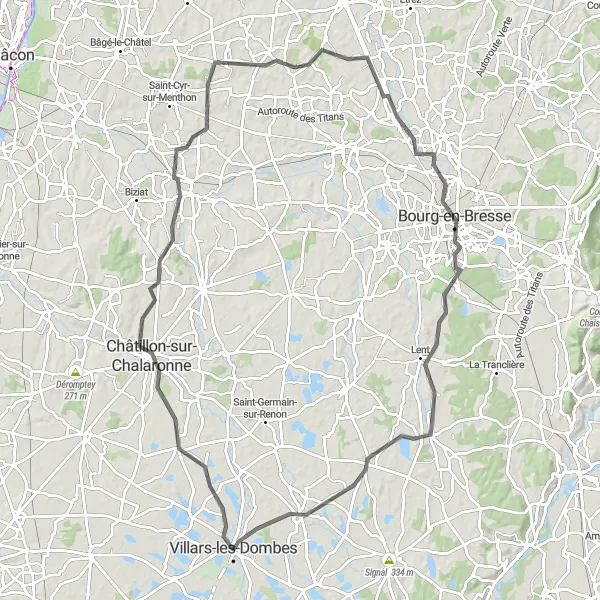 Miniatua del mapa de inspiración ciclista "Desafío en Carretera hacia Villars-les-Dombes" en Rhône-Alpes, France. Generado por Tarmacs.app planificador de rutas ciclistas